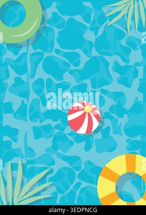 Illustration vectorielle plate moderne d'une scène de piscine tropicale avec de l'eau bleue claire, ballon de plage flottant, et vibrations de vacances d'été. Illustration de Vecteur