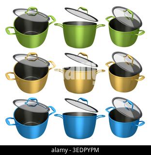 Ensemble de stewpot en acier inoxydable et ustensiles de cuisine en aluminium chromé sur fond blanc Banque D'Images