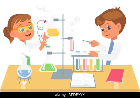 Petits scientifiques. Les enfants en blouse de laboratoire tiennent des tubes à essai. Flacons et béchers en verre chimiques. Jeunes chimistes menant des expériences scientifiques. Laboratoire Illustration de Vecteur