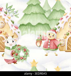 Motif sans couture de Noël avec des animaux de chèvre et de mouton à l'aquarelle à la maison en pain d'épice et à la forêt de sapin dessin à la main répétition fond. Dessin animé mignon Banque D'Images