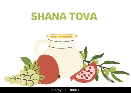 Happy Rosh Hashanah modèle de bannière de salutation pour la célébration du nouvel an juif. Pomme avec miel, raisins, grenade et symboles de branche d'olivier. Illustration de Vecteur