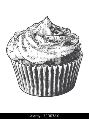 Belle illustration d'art au trait d'un délicieux cupcake avec une garniture de crème fouettée. Parfait pour les menus de desserts sucrés, la marque de boulangerie artisanale et com Illustration de Vecteur