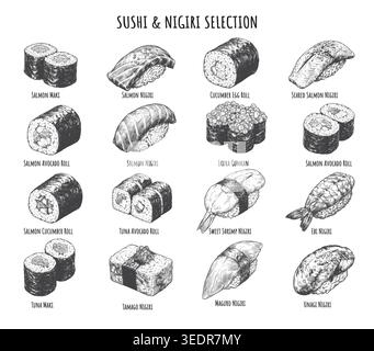 Une collection complète d'illustrations magnifiquement détaillées de sushi, maki et nigiri de style gravure. Idéal pour la marque de restaurant japonais, seaf Illustration de Vecteur