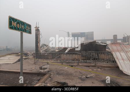 Une vue de la rue main dans le centre-ville de Greenville, CA, le 6 août 2021 après que l'incendie de Dixie ait détruit la ville. Banque D'Images