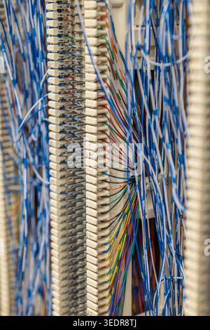 Gros plan de fils de télécommunication bleus et multicolores connectés à un panneau de terminaison de câble dans une salle de réseau ou de communication. Banque D'Images