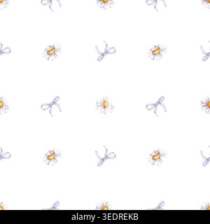 Motif de fond sans couture avec marguerites aquarelle peintes à la main et noeuds en dentelle lilas doux. Le motif floral à petite échelle est disposé dans un propre Banque D'Images