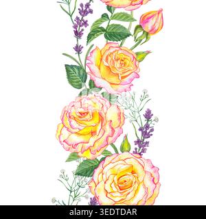 Belle bordure verticale sans couture aquarelle de roses roses jaunes, de feuilles et de lavande en forme de vague. Illustration florale botanique isolée sur blanc Banque D'Images