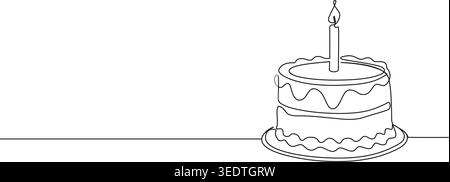 dessin en ligne continu d'un gâteau d'anniversaire avec bougie allumée sur le dessus, illustration vectorielle d'art au trait Illustration de Vecteur