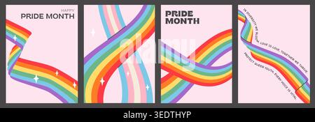 Ensemble d'affiches du mois de la fierté avec ruban arc-en-ciel Y2K et vague de drapeau transgenre. Bannières verticales rétro LGBTQ. Imprimés graphiques avec textes inclusifs pour Illustration de Vecteur