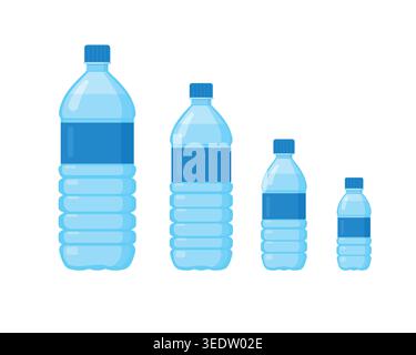 Ensemble de bouteilles d'eau en plastique de différentes tailles, avec des étiquettes et des bouchons bleus, disposés du plus grand au plus petit sur un fond blanc propre. Illustration de Vecteur