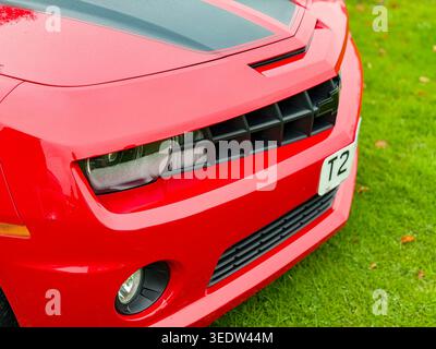 Gros plan de la calandre avant et du phare d'une voiture de sport moderne rouge avec des bandes de course noires garée sur une pelouse verte Banque D'Images