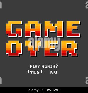 Un jeu rétro classique sur écran avec pixel art et un dégradé vibrant. Le texte pixel art demande à nouveau jouer, capturant la sensation nostalgique d'un 198 Illustration de Vecteur