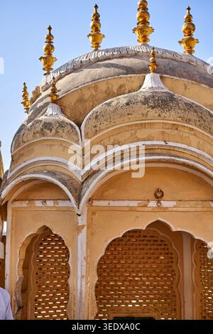 Vue rapprochée d'une structure architecturale indienne ornée comportant plusieurs dômes (chhatris) avec des flèches et des clochetons dorés. Le jaune érodé Banque D'Images