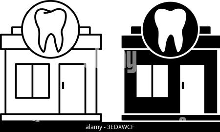 Icônes de clinique dentaire. Icônes vectorielles noir et blanc du bâtiment de bureau dentaire. Lieu de travail du dentiste. Concept de médecine Illustration de Vecteur