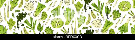 Bordure de bannière à motif sans couture longue avec des légumes frais de saison de la ferme, jardinage durable, agriculture écologique Illustration de Vecteur