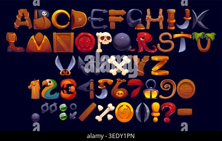 Police caricaturale caribéenne pirates, lettres de police corsaire. Alphabet anglais vectoriel et nombre défini avec des cordes, des canons, des épées et des pièces d'or. nautique abc pour les jeux d'enfants, les cartes au trésor ou les aventures Illustration de Vecteur