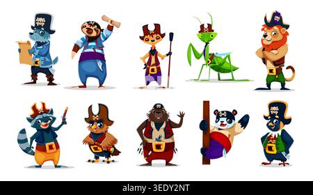 Personnages d'équipage de pirate animal de dessin animé de loup avec carte au trésor, paresseux avec rouleau, suricat et mantis dans des chapeaux de pirate. Vecteur lion et raton laveur avec des pistolets, capitaine de chouette, castor, corsaires d'animaux de panda Illustration de Vecteur