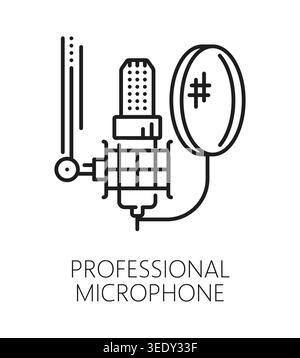 Icône ou étiquette de la ligne du microphone d'enregistrement sonore. Icône de contour de mastering de musique, doublage de voix, symbole vectoriel de ligne de studio d'enregistrement sonore. Panneau d'équipement de mixage audio avec microphone de studio avec filtre pop Illustration de Vecteur