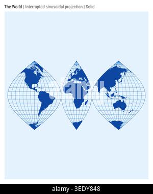 Carte du monde. Projection sinusoïdale interrompue. Style Uni. Carte du monde très détaillée pour les infographies, l'éducation, les rapports, les présentations. Illustration de Vecteur
