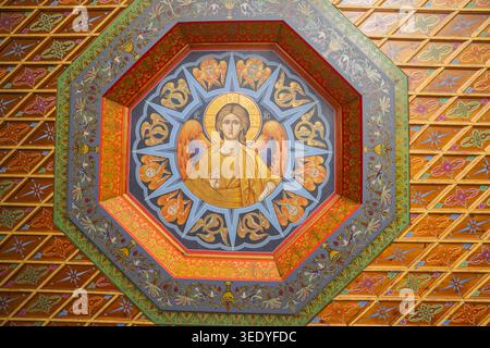 Météores, Kastraki, Thessalie, Grèce. 31 octobre 2023. Murale dans le monastère de Varlaam sur les formations rocheuses des Météores. Banque D'Images