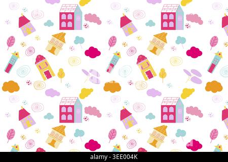 Maisons de dessin animé colorées mignonnes motif répétitif sans couture avec des maisons jaunes roses, des nuages, des feuilles, des oiseaux et des tourbillons dans des couleurs de menthe jaune rose vif sur Banque D'Images