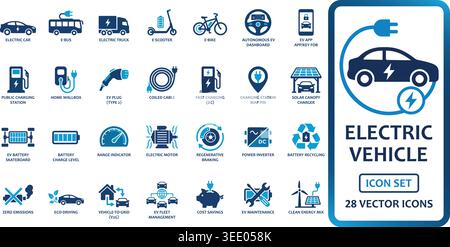 Collection complète d'icônes bleues de véhicules électriques avec des prises de charge, des scooters électriques et des symboles d'énergie verte. Idéal pour le repor durable Illustration de Vecteur