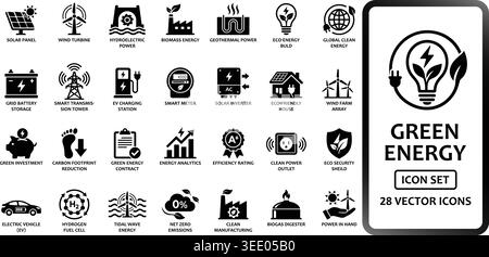 Collection complète de vingt-huit icônes des énergies renouvelables. Comprenant des panneaux solaires, des éoliennes, la recharge de véhicules électriques et la technologie Smart grid Illustration de Vecteur