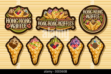Ensemble de gaufres Vector Hong Kong, panneau décoratif sombre avec illustration découpée de cônes de gaufres remplis de crème glacée molle, fruits frais mélangés Illustration de Vecteur