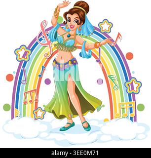 Danseuse du ventre de dessin animé colorée en costume vibrant, dansant avec l'arc-en-ciel, les nuages et les notes de musique Illustration de Vecteur