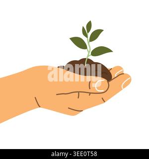main tenant le semis de plante, main humaine avec la pousse verte dans le sol, l'écologie, la durabilité, la protection de l'environnement et le concept de soins de la nature - v Illustration de Vecteur