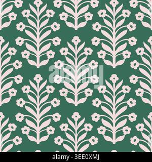 Motif de branche fleurie folklorique vert rose Illustration de Vecteur