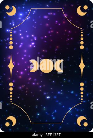 Conception de dos de carte Tarot avec symbole de déesse triple lune sur un fond de galaxie étoilé. Illustration vectorielle céleste ésotérique pour l'astrologie. Illustration de Vecteur