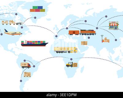 Livraison de concept de marchandises avec fret ferroviaire, fret aérien, expédition maritime et camionnage dans des icônes de style plat. Illustration vectorielle Illustration de Vecteur