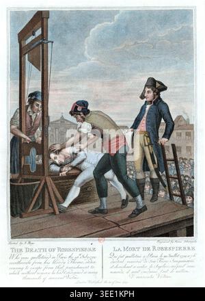 Gravure colorée à la main de l'exécution de Maximilien Robespierre (1758-1794) le 28 juillet 1794. Cette estampe britannique satirique représente le chef du règne de la terreur qui résiste à la guillotine comme un acte final de lâcheté et de désespoir. Banque D'Images