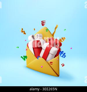 Enveloppe jaune 3D avec boîte cadeau et ruban Illustration de Vecteur