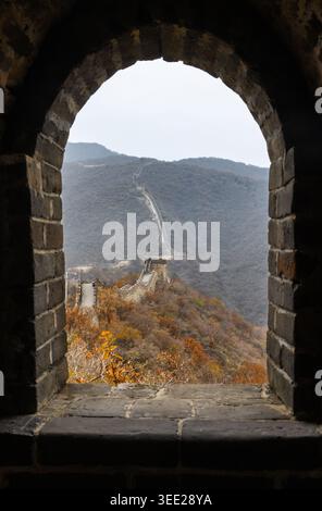 Vue de la Grande Muraille de Chine depuis le cadre de fenêtre dans une station Banque D'Images