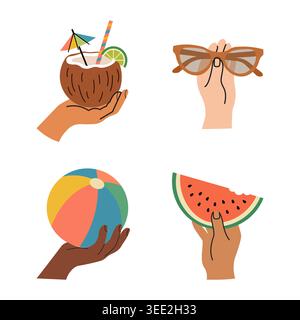 Collection d'illustration de main de style de vie d'été avec des lunettes de soleil de boisson de noix de coco boule de plage et des icônes de pastèque Illustration de Vecteur