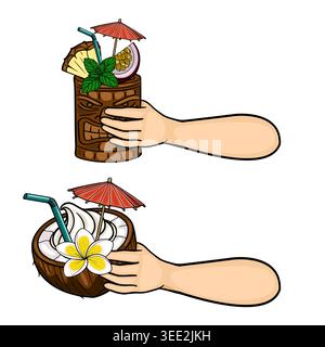 Ensemble de deux illustrations de cocktails tropicaux, tiki et boissons à la noix de coco tenues par les mains, vecteur Illustration de Vecteur