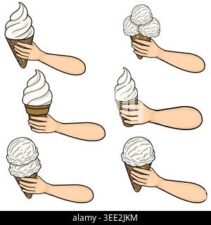 Ensemble d'illustrations vectorielles de mains tenant divers cônes de crème glacée, y compris soft serve et des cuillères. Illustration de Vecteur
