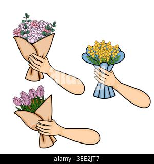 Ensemble de trois illustrations vectorielles de mains tenant des bouquets floraux avec des pivoines roses, des tulipes et des fleurs de mimosa jaune. Illustration de Vecteur