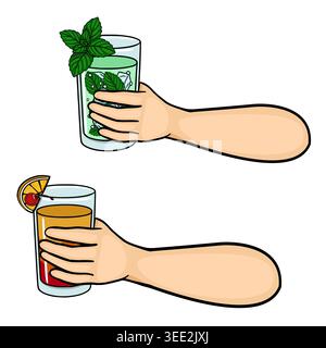 Ensemble de deux mains tenant des cocktails rafraîchissants, l'une avec de la menthe et de la glace, l'autre garnie d'orange et de cerise, illustration vectorielle Illustration de Vecteur