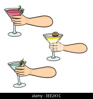 Ensemble de trois illustrations vectorielles de mains tenant des verres à martini avec différents cocktails et garnitures Illustration de Vecteur