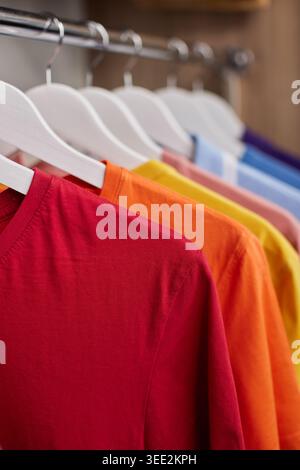T-shirts colorés et polos accrochés soigneusement sur des cintres blancs à l'intérieur d'une armoire en bois, représentant l'organisation et la sélection Banque D'Images