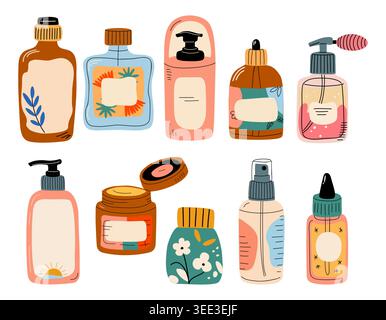 Bouteilles, pots et distributeurs de beauté dessinés à la main Illustration de Vecteur
