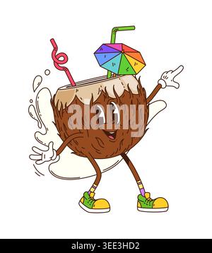 Personnage de boisson à la noix de coco funky groovy de dessin animé Illustration de Vecteur