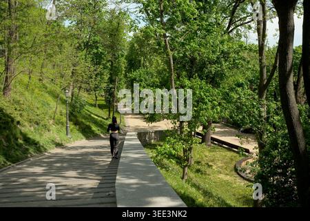 Une figure solitaire se promène le long d'un chemin serein entouré d'une verdure vibrante. Landscape Alley, Kiev, Ukraine, 8 mai 2026 Banque D'Images