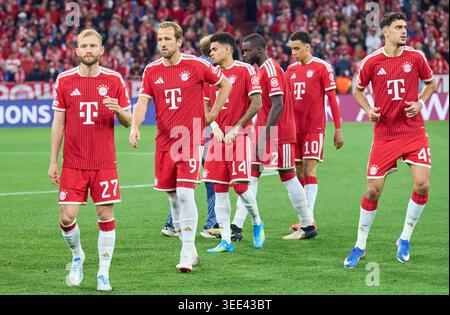 Munich, Allemagne. 06 mai 2026. Konrad Laimer du FC Bayern Muenchen Harry Kane du FC Bayern Muenchen Luis Fernando Diaz du FC Bayern Muenchen Dayot Upamecano du FC Bayern Muenchen Jamal Musiala du FC Bayern Muenchen Aleksandar Pavlovic du Bayern Muenchen dans le football UEFA Champions League 2025/26 demi-finale match de deuxième manche FC Bayern Muenchen - Paris SG 0-1 à Allianz Arena Munich le 6 mai 2026, FCB images/damy Live images Banque D'Images
