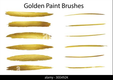 Peinture dorée, taches de pinceau dorées réalistes, taches métalliques jaunes sur fond transparent, ensemble décoratif de coups de pinceau scintillants. Illustration de Vecteur