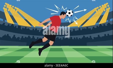 Joueur de football déterminé en maillot rouge sautant haut pour marquer un but de tête puissant lors d'un match international de football dans une coupe du monde de stade éclairé Illustration de Vecteur