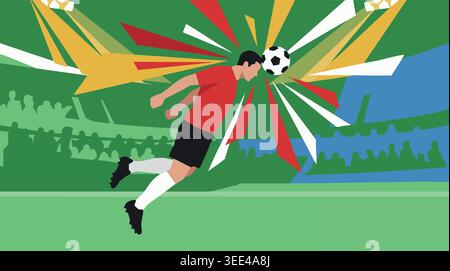 Joueur de football sportif sautant haut pour effectuer un puissant tir d'en-tête avec des effets graphiques colorés lors d'un match de championnat international Illustration de Vecteur